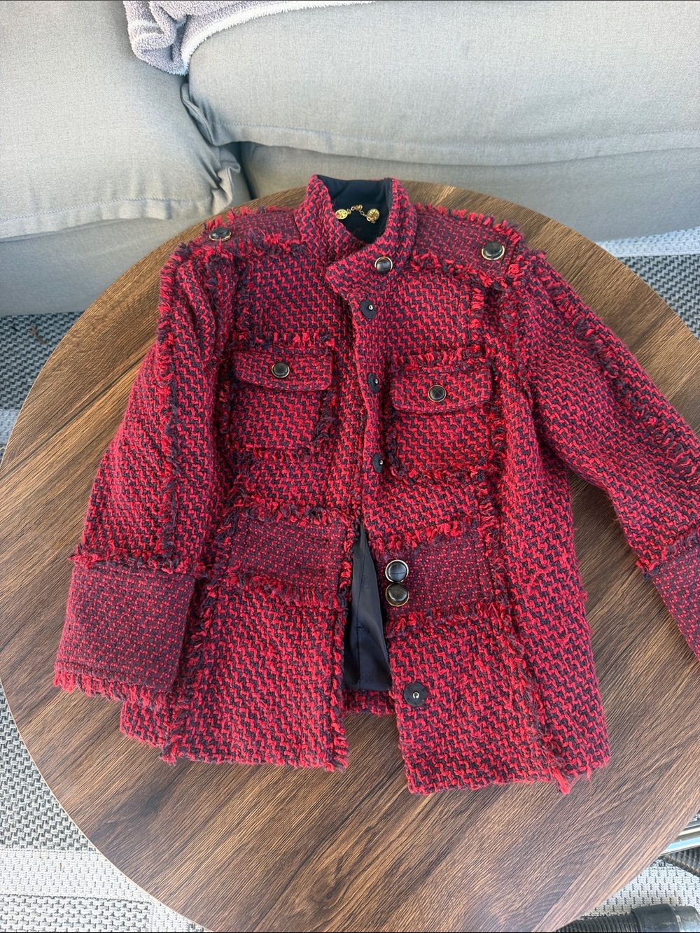 Tory Burch Red Tweed Military-Style Pocket Jacket